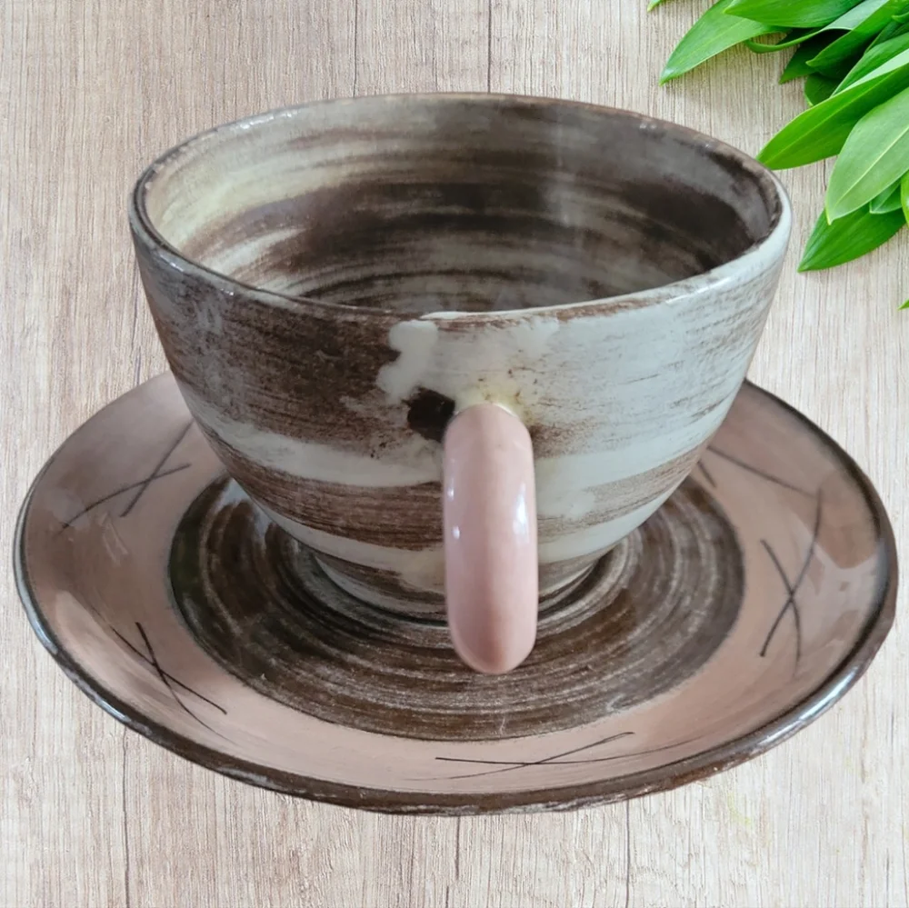 Vtg 1950s Stylized Spirals Brown & Pink SANTA ANITA Vreni Coffee Tea Cup Saucer